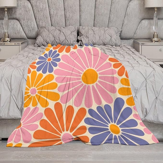 1970s Hippie Floral Throw Blanket, Retro Orange Pink Blue Flower Boho Groovy Daisy Flowers Comfortable Blanket for Couch Sofa Couch Chair 30"x40"