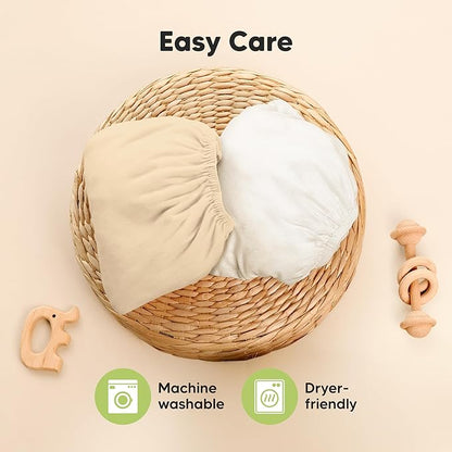 Pack and Play Sheets Fitted - 2-Pack Mini Crib Sheets for Pack N Play Mattress 38x26, Soft & Cozy, Neutral Toddler Playard Bedding, Snug Fitted Mini Baby Crib Mattress Cover Boy, Girl (Khaki)