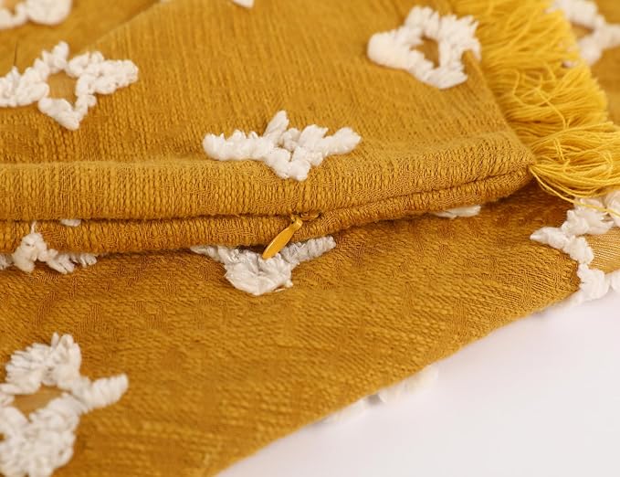 Boho Long Lumbar Pillow Cover 14x22 with Tassel,3D Flower Patterned Cotton Decorative Long Lumbar Pillow Cover Pillow Case for Sofa Couch Bed Livingroom Farmhouse,Yellow