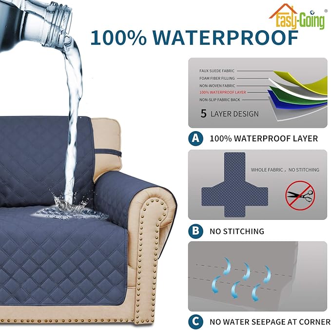 Easy-Going Sofa Slipcover Chair Cover Waterproof Couch Cover Washable Sofa Cover Non-Slip Fabric Furniture Protector with Pocket for Pets Covers Pets Kids Children Dog Cat (Chair, Navy)