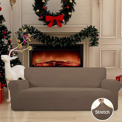 Easy-Going Stretch Oversized Sofa Slipcover 1-Piece Sofa Cover Furniture Protector Couch Soft with Elastic Bottom for Kids, Polyester Spandex Jacquard Fabric Small Checks Brown