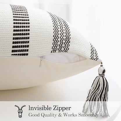 Smile Bee Boho Outdoor Couch Throw Pillow Covers Set of 2, Decorative Lumbar Thick Woven Striped Accent Neutral Pillow Covers with Tassels for Bed Sofa Home Decor, 12x20 Inch, Black and Cream White
