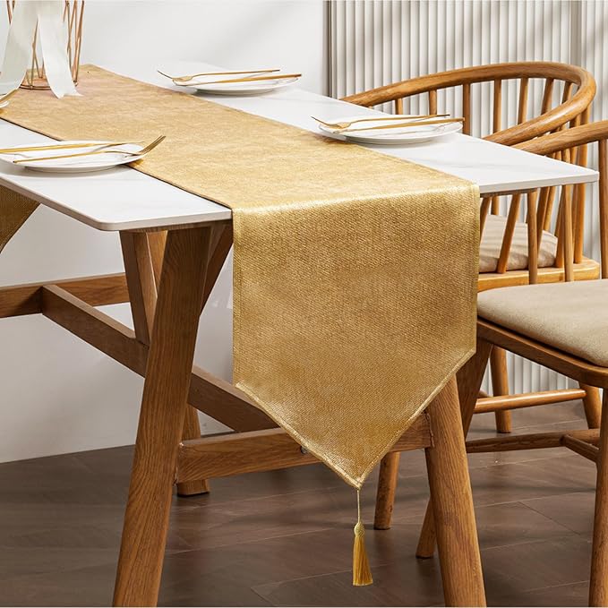 BALCONY & FALCON Gold Table Runner Lustrous Linen 14"x71" Water Resistant Washable Vintage Rustic Tassels Runner for Table, Dining, Party, Wedding, Birthday, Easter, Thanksgiving, Christmas Décor