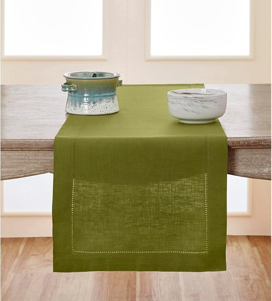 Solino Home Linen Table Runner 120 Inches Long - 100% Pure Linen Avocado Green Table Runner 14 x 120 Inch - Classic Hemstitch