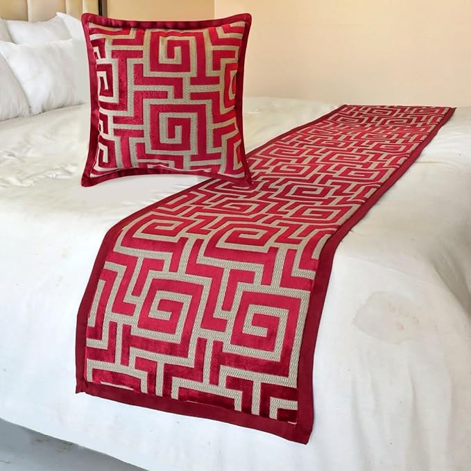 The HomeCentric King/Queen/Twin Red Decorative Full 68"x18" Bed Runner Without Pillow Cover, Maze Bed Scarf on Velvet Fabric - Path