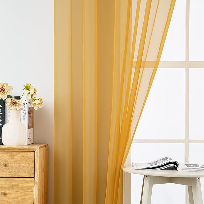 MIULEE 2 Panels Solid Color Sheer Window Curtains Elegant Window Voile Fall Panels/Drapes/Treatment for Bedroom Living Room (54X63 Inches Gold)