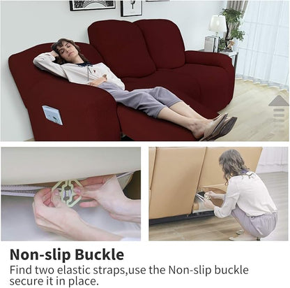 Easy-Going 8 Pieces Recliner Sofa Stretch Sofa Slipcover Sofa Cover Furniture Protector Couch Soft with Elastic Bottom Kids, Spandex Jacquard Fabric Small Checks Wine