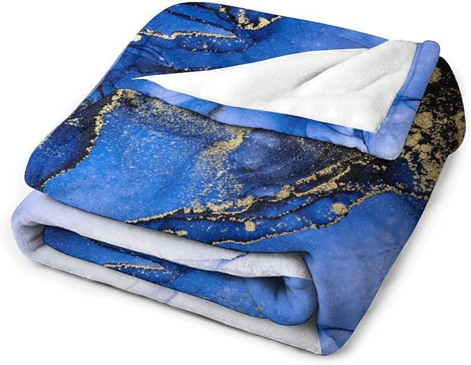 Modern Marble Blanket, Abstract Luxury Baroque Golden Dark Blue Stone Veins Pattern Soft Warm Cozy Plush Flannel Covers for Livingroom Bedroom Couch Chair Camping Travel Home Decor Tapestry 60x80in