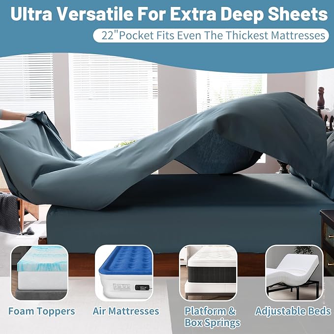 Extra Deep Pocket California King Sheets 18-24 Inch 100% Egyptian Cotton 1000 Thread Count Sateen Weave Soft Breathable 4 Pieces（California King,Lake Blue）