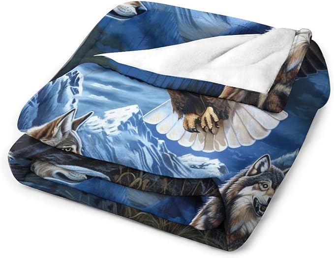 Bald Eagle Wolf Throw Blanket Wild Animal Print Blankets Gifts Couch Sofa Bed Stuff Decor Soft Cozy Lightweight Flannel Bedding for Lover 50"x60"