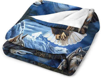 Bald Eagle Wolf Throw Blanket Wild Animal Print Blankets Gifts Couch Sofa Bed Stuff Decor Soft Cozy Lightweight Flannel Bedding for Lover 50"x60"