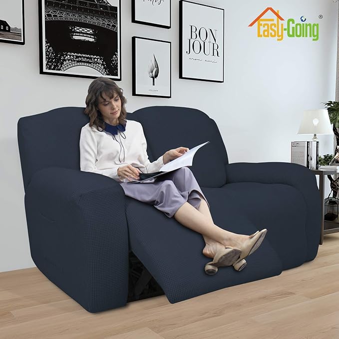 Easy-Going 6 Pieces Recliner Loveseat Stretch Sofa Slipcover Sofa Cover Furniture Protector Couch Soft with Elastic Bottom Kids, Spandex Jacquard Fabric Small Checks Dark Blue