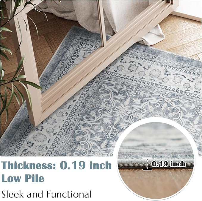 jinchan Floral 5x7 Area Rugs for Bedroom - Machine Washable Vintage Distressed Boho Design Throw Rug Stain Resistant Carpet Low-Pile Thin Non-Slip for Nursery Living Room Dining Room (5‘x7', Grey)