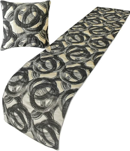 The HomeCentric King/Queen/Twin Black Decorative King 90"x18" Bed Runner with 2 Pillow Cover, Circle, Rings, Quilted Bed Scarf on Jacquard Fabric - Circlewise