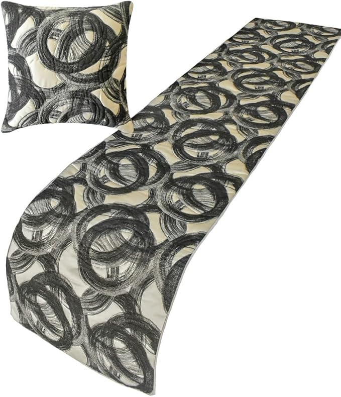 The HomeCentric King/Queen/Twin Black Decorative Full 68"x18" Bed Runner Without Pillow Cover, Circle, Rings, Quilted Bed Scarf on Jacquard Fabric - Circlewise
