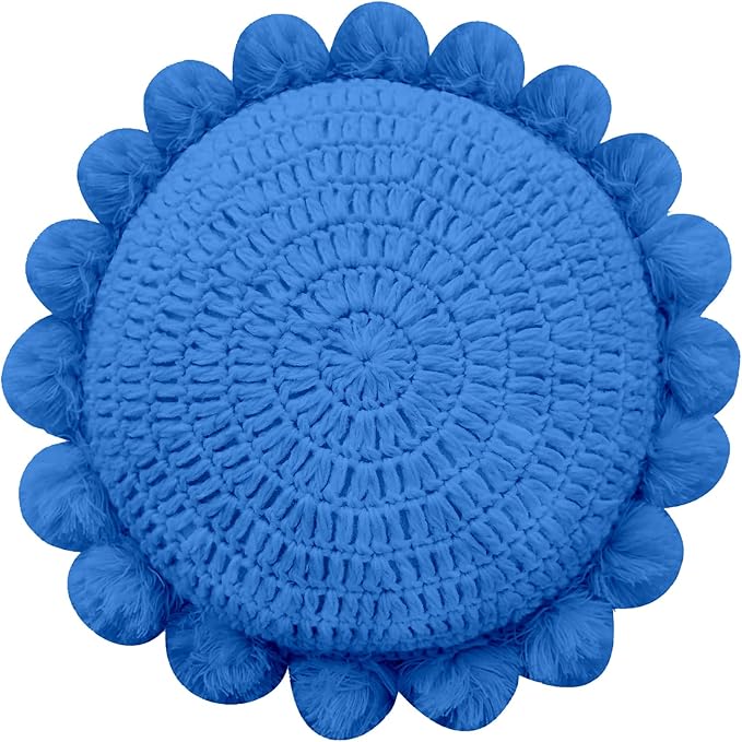 Boho Round Throw Pillow with Cute Handmade Pom Poms Tassels 18 Inch, Decorative Circular Knitted Crochet Cushion for Couch, Sofa, Chair, Bed, Blue