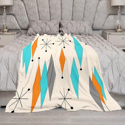 Mid Century Flannel Throw Blankets, Mid Century Modern Geometric Atomic Shapes Orange Retro Style Boho Print Blanket for Bed Couch Sofa Fuzzy Tv Throws 40"x50"