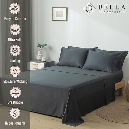 Bella Coterie 6 Piece Luxury Bamboo Viscose California King Size Sheet Set | 100% Organically Grown | Cooling for Hot Sleepers | 18" Deep Pocket | Soft & Hypoallergenic | 4 Pillowcases [Charcoal Grey]