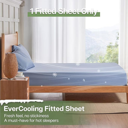 MR&HM Twin Fitted Sheet Only, Ultra-Soft Rayon Derived from Bamboo & Polyester Blend, Silky & Breathable, 15" Deep Pocket with Elastic Straps, Cooling Fitted Sheet for Hot Sleepers, Light Blue