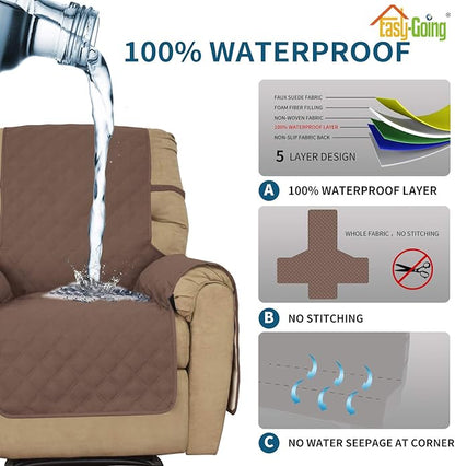 Easy-Going Sofa Slipcover Waterproof Recliner Chair Cover Non-Slip Fabric Couch Cover for Living Room Washable Furniture Protector for Pets Kids Children Dog Cat (Recliner, Brown)