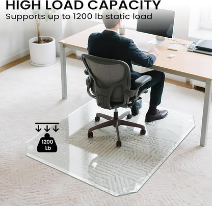 Tempered Glass Chair Mat with Patented Beveled Edge, 36”x46” 1/5" Thick Office Floor Mat for Carpet & Hardwood, w/ 12 Anti-Slip Pads