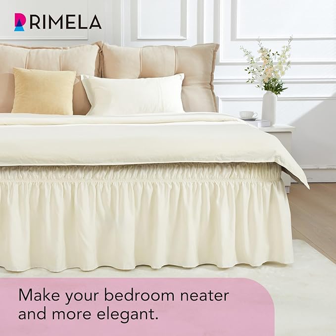 RIMELA Ivory Bed Skirt Queen Size 18 Inch Drop, Elastic Bed Skirting for Bed Base and Frame, Bedding Dust Ruffle Easy to Install, Lightweight Wrap Around Adjustable Bedskirt