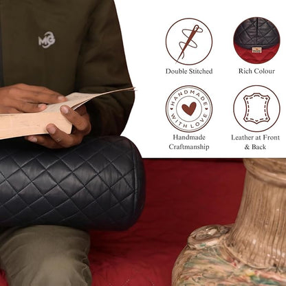 Neck Roll Pillow Cushion Cover, 18x6 Inch Full Moon Round Bolster Pillow Case, Cylinder Soft Lambskin Leather Pillowcase for Head, Spine & Neck Support During Sleep - Quilted Gun Metal Blue Pack of 2