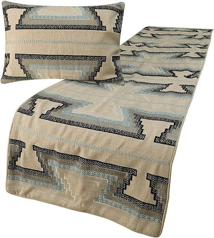 The HomeCentric King Queen Twin Blue & Ivory Decorative Full 68"x18" Bed Runner with 2 Pillow Cover, Embroidered Bed Scarf on Cotton Fabric - Aztec Armour
