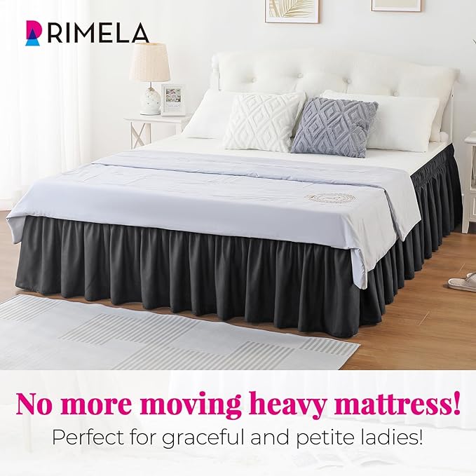 RIMELA Black Bed Skirt Queen Size 15 Inch Drop, Elastic Bed Skirting for Bed Base and Frame, Bedding Dust Ruffle Easy to Install, Lightweight Wrap Around Adjustable Bedskirt
