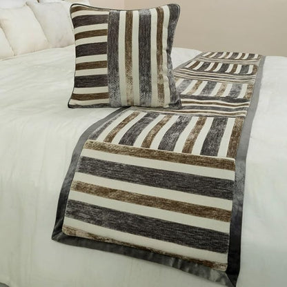 The HomeCentric King/Queen/Twin Beige & Grey Designer Twin 53"x18" Bed Runner with 2 Pillow Cover, Patchwork Bed Scarf on Velvet Fabric - Striation