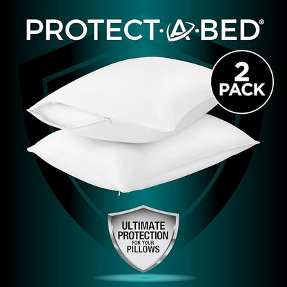 Protect-A-Bed AllerZip Queen 20" x 30" Pillow Protectors (Set of 2), Bed Bug and Dust Mite Proof, Noiseless and Odor-Resistant Pillow Covers, 100% Waterproof, Machine Washable