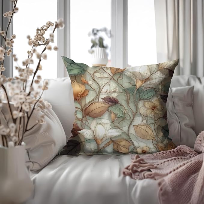 Vintage Floral Throw Pillow Covers, Vintage Flower Pattern Double Sided Cushion Cover, Indoor and Outdoor Home Art Decor Pillowcase for Sofa or Bedroom Decor 18x18inches (Flower&Leaves, 18x18inches)
