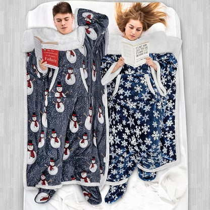 PAVILIA Sherpa Blanket with Sleeves, Foot Pocket for Women Men Adults, Thick Wearable Blanket Throw Wrap, Fleece Warm Snuggle Blanket Robe, Cozy Gift Ideas Wife Mom, Snowman Gray