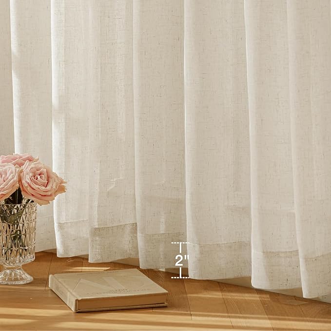 Anmao Natural Linen Curtains for Living Room 63 Inch Length 2 Panels Set, Light Filtering Semi Sheer Window Curtain Drapes for Bedroom with Curtain Rings and Clips, 52 Inch Wide Each Panel, Ecru