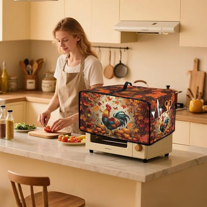 Air Fryer Toaster Oven Cover with Pockets, Stain-resistant Microwave Oven Protector for Kitchen Countertop, S, 14.5 x 18.5 x 9 Inches, Chicken Rooster Pumpkin Fall Leaves