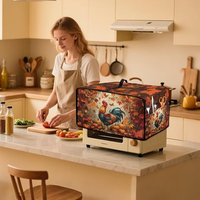 Air Fryer Toaster Oven Cover with Pockets, Stain-resistant Microwave Oven Protector for Kitchen Countertop, M, 16.5 x 20.5 x 10 Inches, Chicken Rooster Pumpkin Fall Leaves