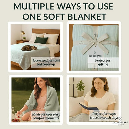 Cloud Scape Linen Oversized 4 Layer Muslin Blanket Queen Size - 100% Cotton, Lightweight & Breathable All Season Gauze, Pre-Washed, fits Full Bed, 92x92, Seafoam Grey
