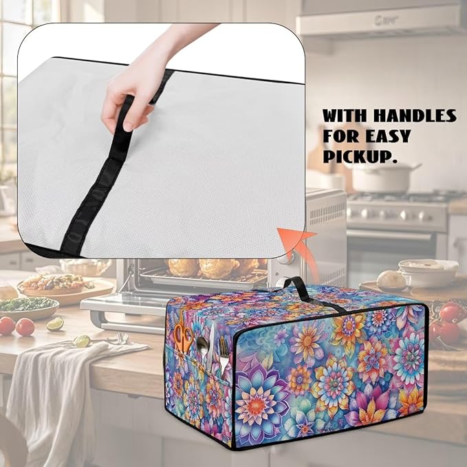 Boho Mandala Floral Print Microwave Oven Dust Cover with Storage Bags Universal Toaster Oven Cover Waterproof Polyester-Linen Fabric Kitchen Appliance Protector, L