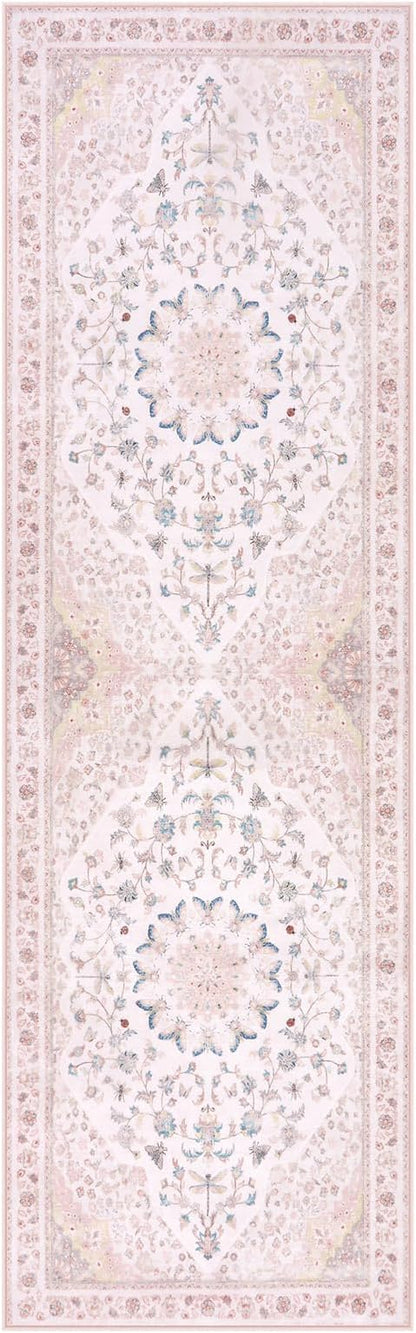 Moynesa Pink Runner Rugs for Long Hallway 2.5x8, Vintage Washable Floral Print Runner for Nursery Decor, Rubber Backing Non Slip Carpets for Kitchen Entryway Bathroom Bedroom