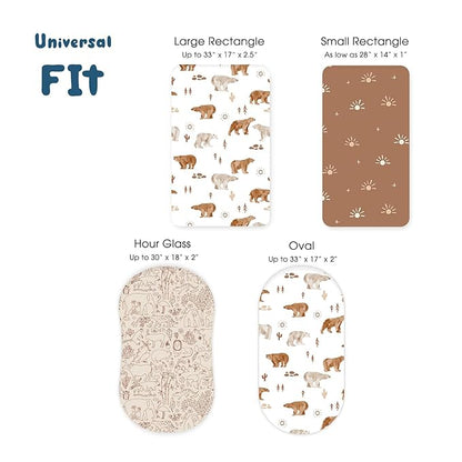 GRSSDER Stretchy Ultra Soft Bassinet Sheet 3 Pack, Universal Fit for Bassinets Baby Cradle Moses Basket Oval Rectangle Mattress or Changing Table Pad Safe and Snug, Stylish Print of Sunny Bear