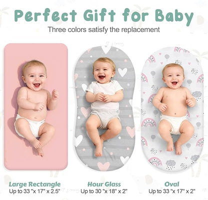 3 Pack Stretchy Bassinet Sheets - Universal Fit for Rectangle, Round, Oval, Hourglass Cradles & Moses Baskets - Soft Breathable Fitted Bassinet Sheets Set for Baby - Pink & Grey Heart