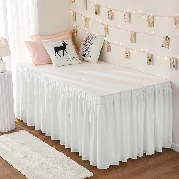 RIMELA Dorm Bed Skirt Twin XL 42 Inch Drop, Easy to Install Extra Long Wrap Around Elastic Dust Ruffle, Warm White Bedskirt Solid Silky Fabric Machine Washable (Twin XL 80“L x 39”W & Twin 75“L x 39”W)