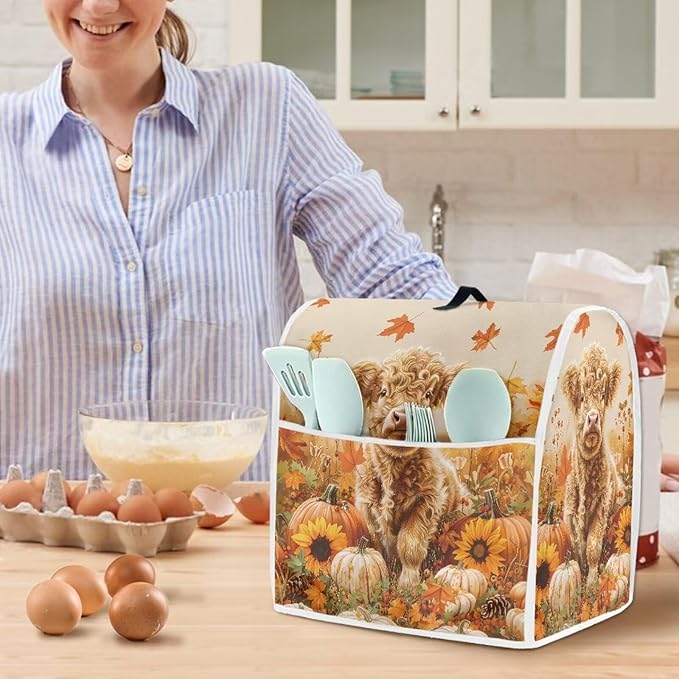 Highland Cow Stand Mixer Cover 6-8 Quart Pumpkin Kitchen Appliance Covers Dust Protection Universal for Pressure Cooker Air Fryer Fall Kitchen Decoration for Home Gift for Friends