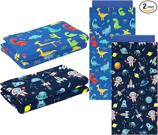 2 Pcs Dinosaurs Nap Mat Cover for Boys Girls Sewn in Flap Design Blue Sleeping Kids Astronauts Nap Mat Covers Soft Microfiber Cot Sheet for Preschool Kindergarten Toddler Daycare