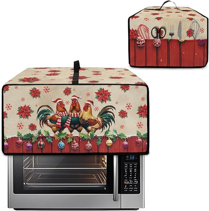 Christmas Toaster Oven Dust Cover with Storage Pockets, Protective Decorative Smart Oven Cover for for Kitchen Countertop, S, 14.5 x 18.5 x 9 Inches, Rooster Chicken Poinsettia Red Beige
