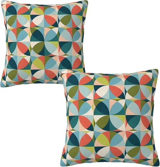 bassyil Geometric Mid Century Modern Colors Throw Pillow Covers Decorative Linen Pillow Cases Set of 2 Square Cushion Cover for Couch Sofa Bedroom Patio 18x18 Inch