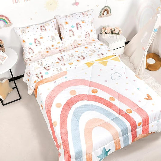 Twin Size Toddler Bedding Set for Girls- 5 Piece Rainbow Toddler Girl Bedding, Super Soft & Lightweight Toddler Comforter Set Includes Comforter, Flat Sheet, Fitted Sheet, Pillowcase (Pink)