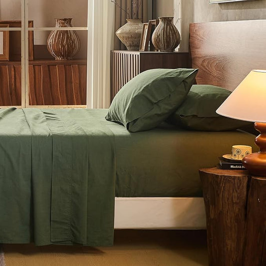 100% Linen Sheet Set King Size Extra Deep Pocket Fits 18-24 Inch Mattress, Breathable & Soft, Smooth 4-Piece Set for Thick Mattresses Hotel Luxury Bedding（King, Forest Green）