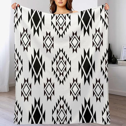 Boho Throw Blanket, Black and White Native Blankets, Vintage Tribal Aztec Printed Flannel Blanket for Chair Bed Sofa Couch 50"x60"