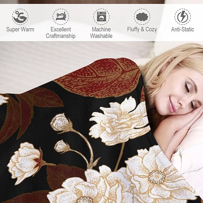 Red Gold Floral Blanket, Boho Dark Flower Leaves Chinese Plum Blossoms Botanical Vintage Throw Blanket for Bed Living Room Bedding Couch Soft Lightweight Warm Cozy Decor, 40"x50"